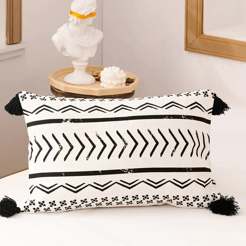 Modern geometric white & black cushion cover living room with tassels