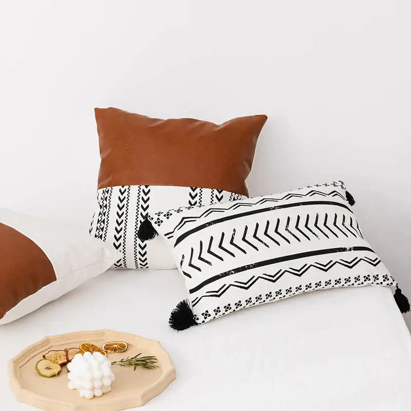 Modern geometric white & black cushion cover living room with tassels