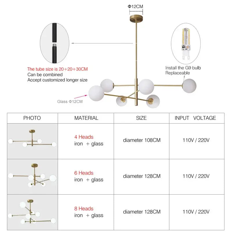 Modern glass brass chandelier – living room geometric pendant light