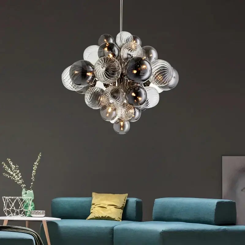 Modern glass globe led chandelier living room ribbed pendant light