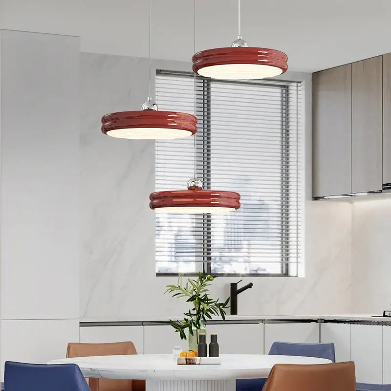 Modern glossy pale yellow circular dimmable pendant light dining room