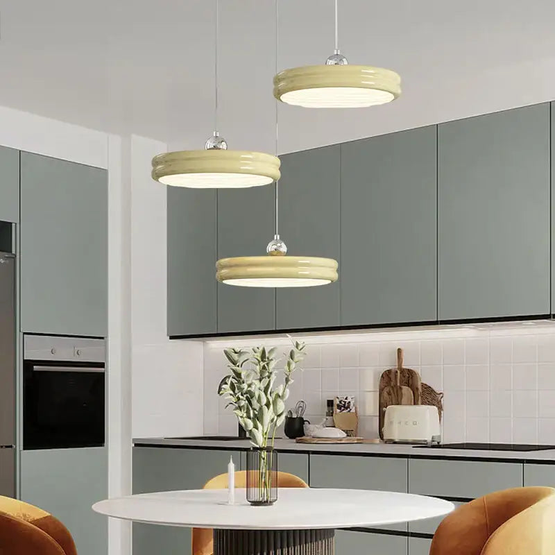 Modern glossy pale yellow circular dimmable pendant light dining room