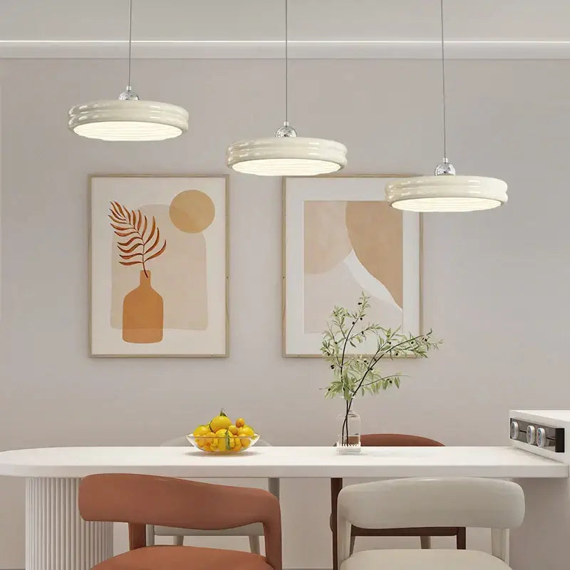 Modern glossy pale yellow circular dimmable pendant light dining room