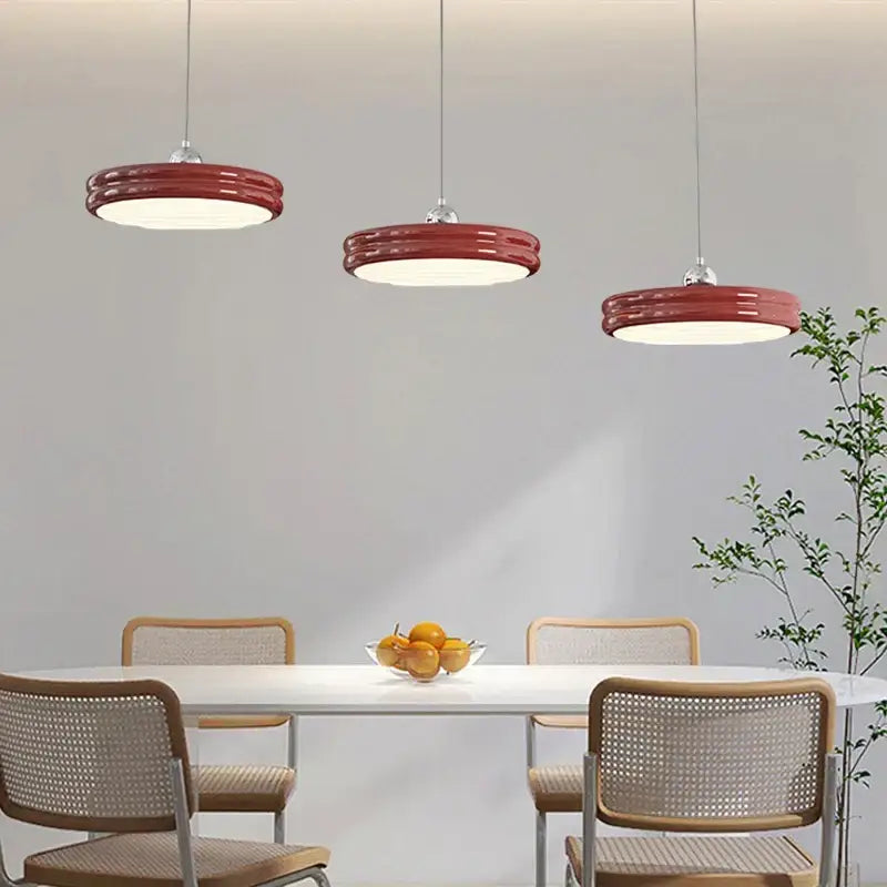 Modern glossy pale yellow circular dimmable pendant light dining room