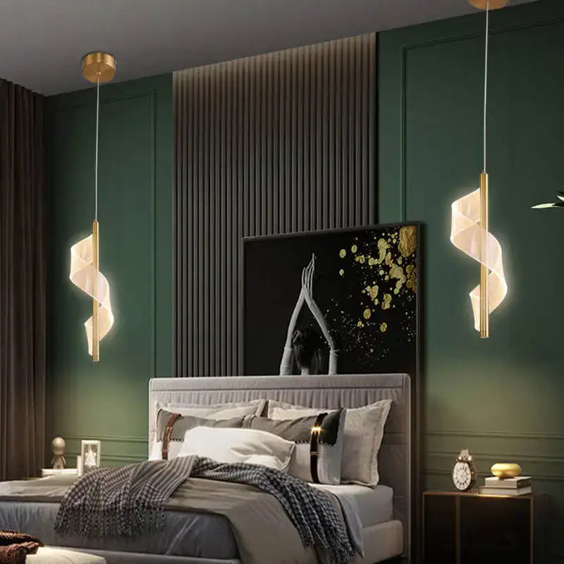 Modern gold acrylic spiral pendant lamp bedroom hanging light