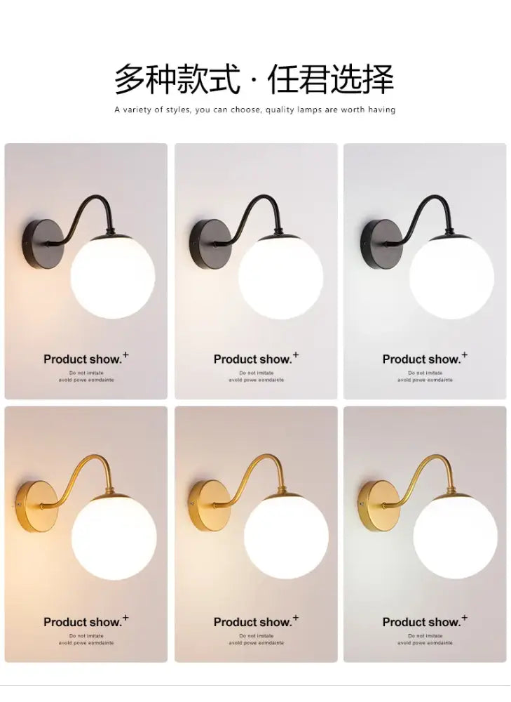 Modern gold & black glass ballight led wall lamp bedroom sconce