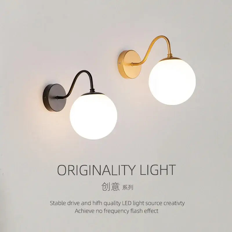 Modern gold & black glass ballight led wall lamp bedroom sconce