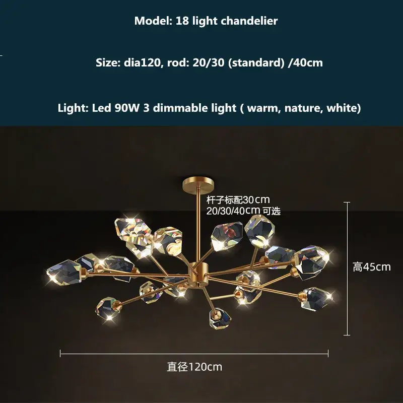 Modern gold & blue dimmable crystal chandelier dining room light