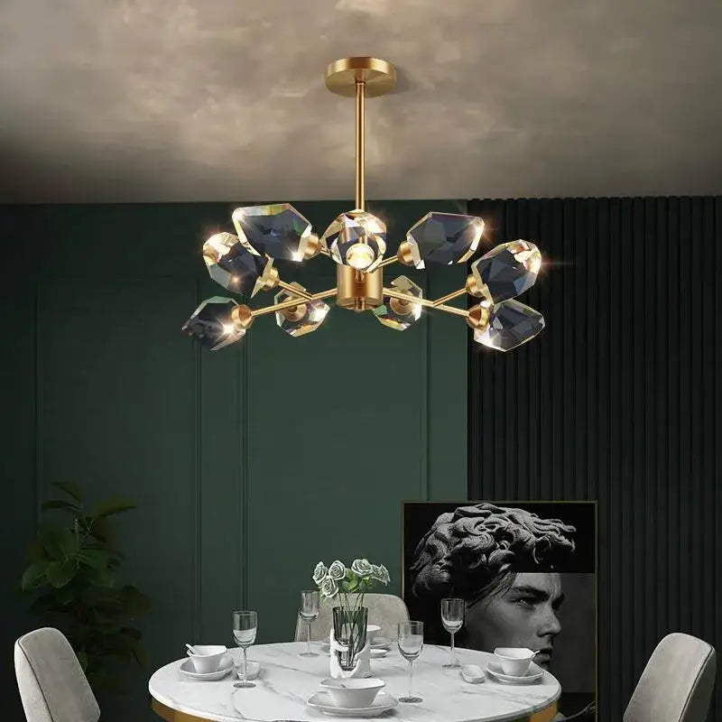 Modern gold & blue dimmable crystal chandelier dining room light