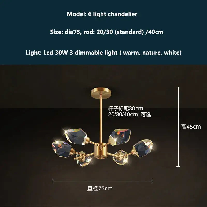 Modern gold & blue dimmable crystal chandelier dining room light