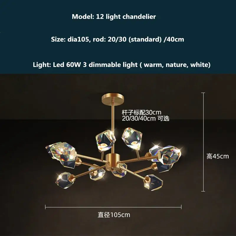 Modern gold & blue dimmable crystal chandelier dining room light