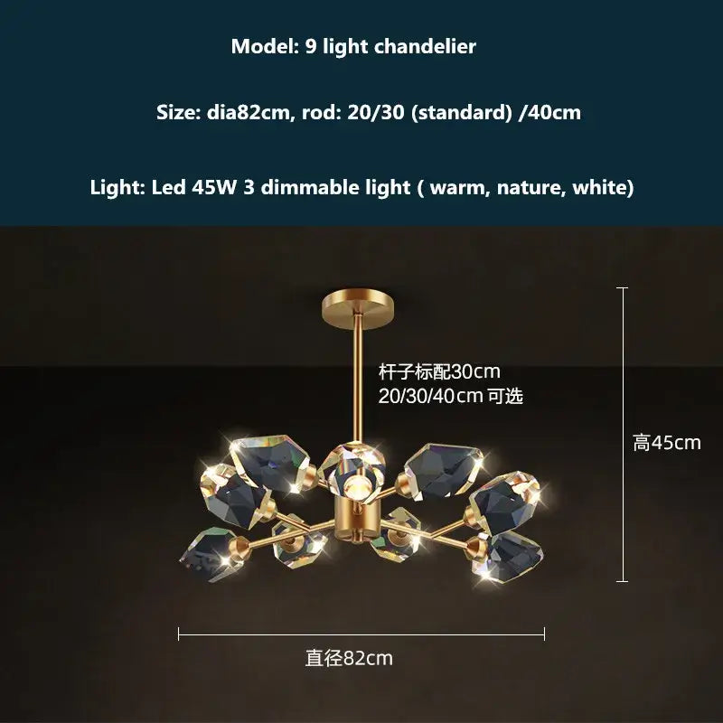 Modern gold & blue dimmable crystal chandelier dining room light
