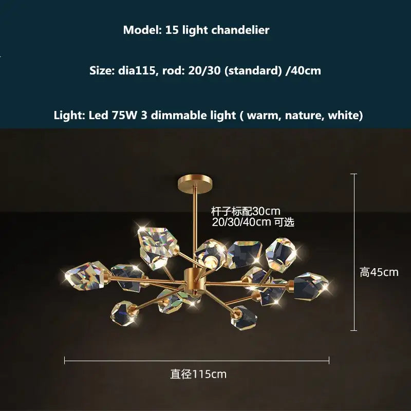 Modern gold & blue dimmable crystal chandelier dining room light