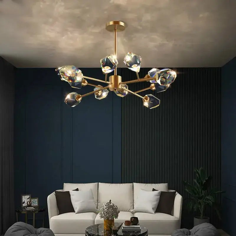 Modern gold & blue dimmable crystal chandelier dining room light
