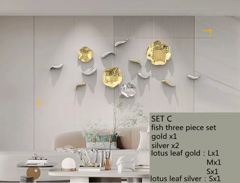 Modern gold carp fish lotus leaf wall pendant living room decor
