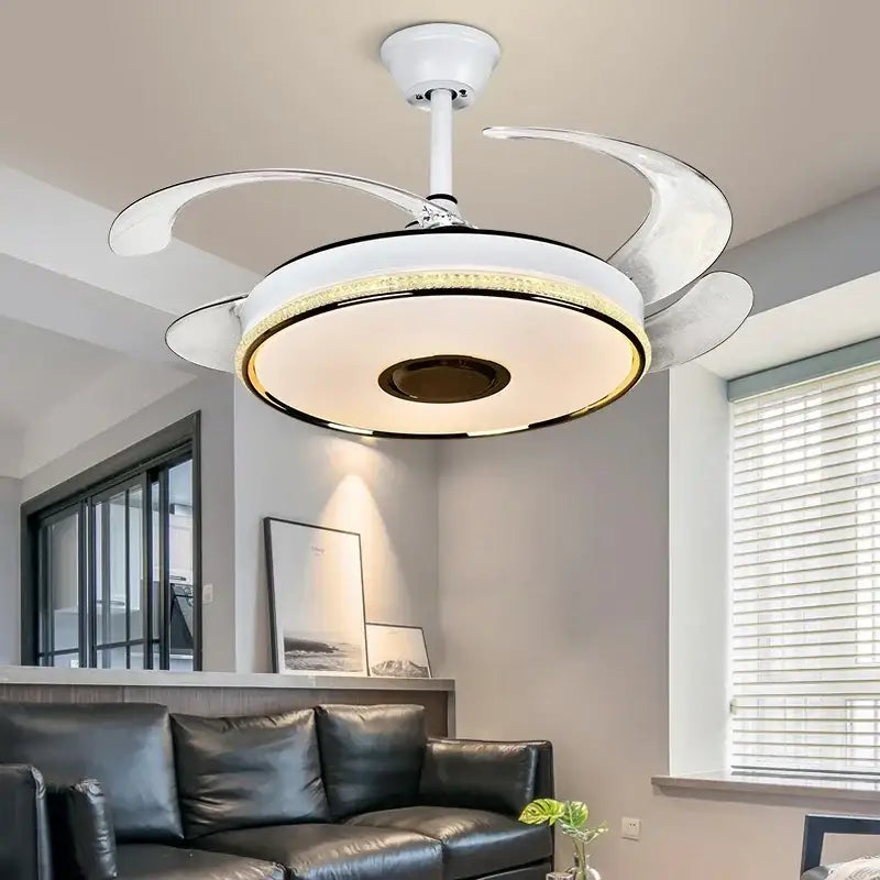 Modern gold ceiling fan with bluetooth speaker – living room remote control