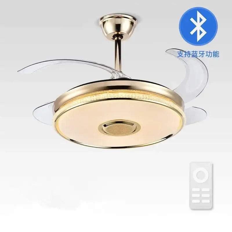 Modern gold ceiling fan with bluetooth speaker – living room remote control