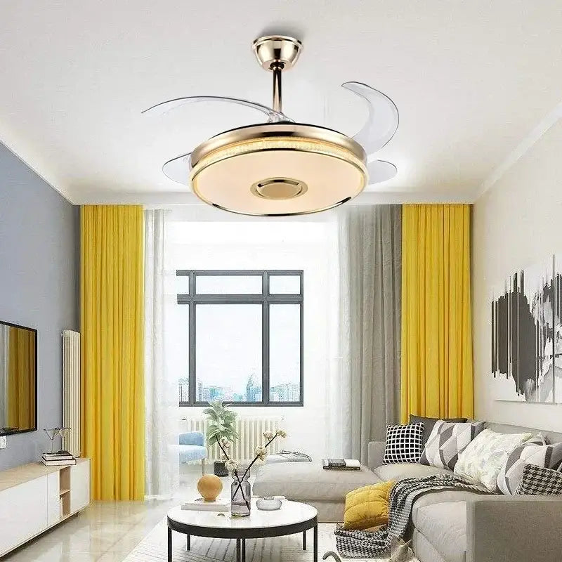 Modern gold ceiling fan with bluetooth speaker – living room remote control