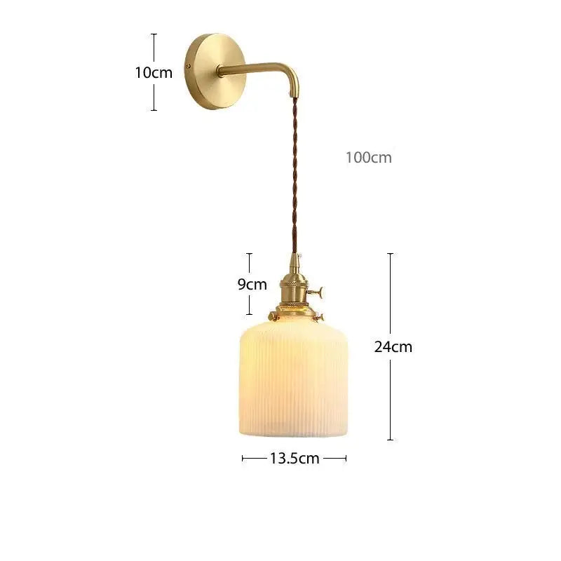 Modern gold ceramic wall lamp with ribbed shade for bedroom