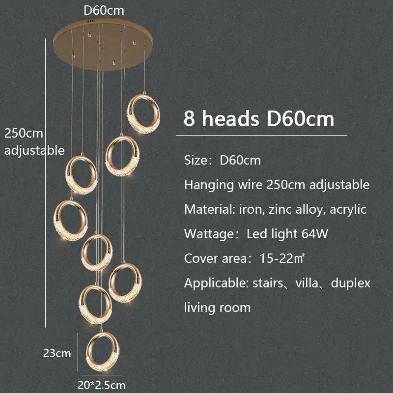 Modern gold circle ring led chandelier living room crystal pendant