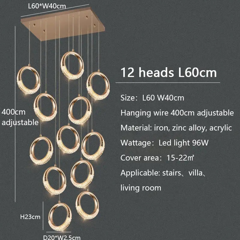 Modern gold circle ring led chandelier living room crystal pendant