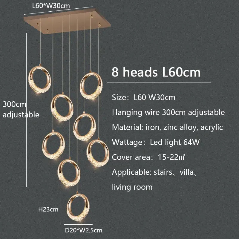 Modern gold circle ring led chandelier living room crystal pendant