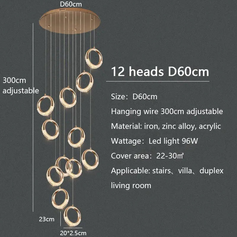 Modern gold circle ring led chandelier living room crystal pendant