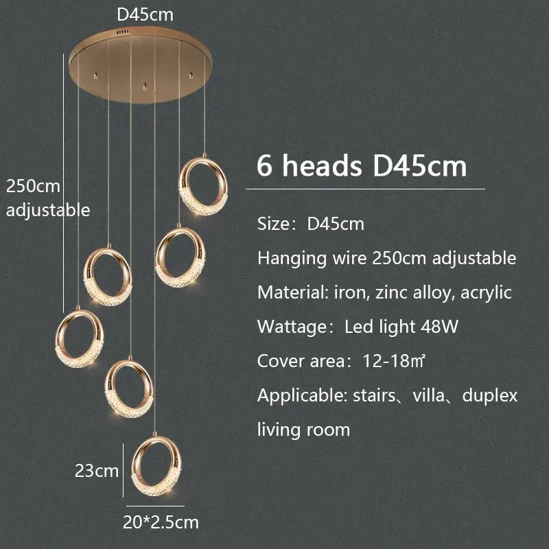 Modern gold circle ring led chandelier living room crystal pendant
