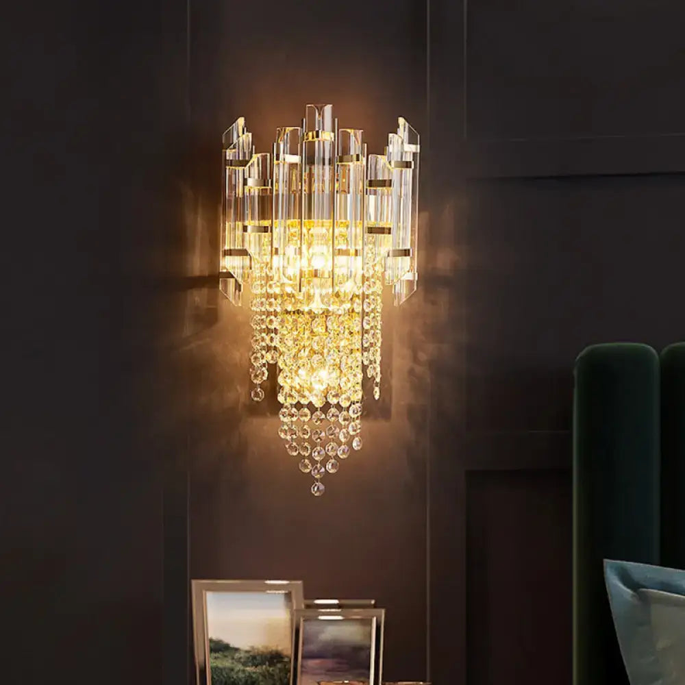 Modern gold clear crystal wall lamp bedroom tiered sconce