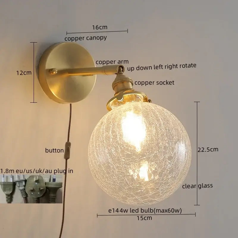 Modern gold crackled glass led wall lights bedroom sconce
