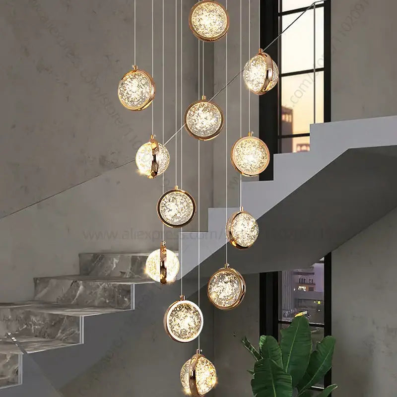 Modern gold crystal ball chandelier staircase hanging light