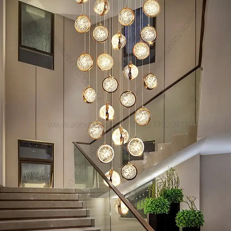 Modern gold crystal ball chandelier staircase hanging light