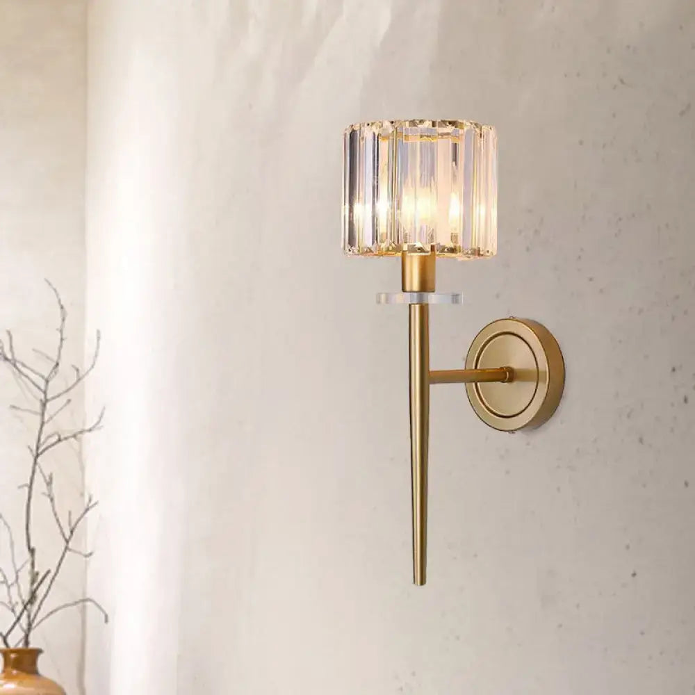 Modern gold crystal block wall sconce with iron pencil arm bedroom light