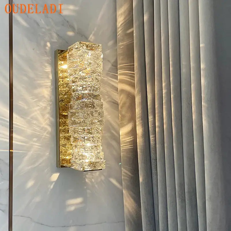 Modern gold crystal glass wall sconce for bedroom warm glow light