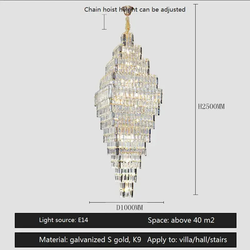 Modern gold crystal large chandelier for living room stairs