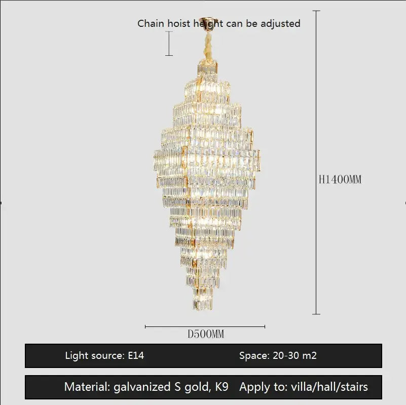Modern gold crystal large chandelier for living room stairs