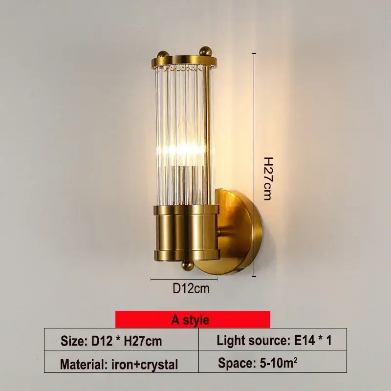 Modern gold crystal led wall lamp bedroom glass rod sconce