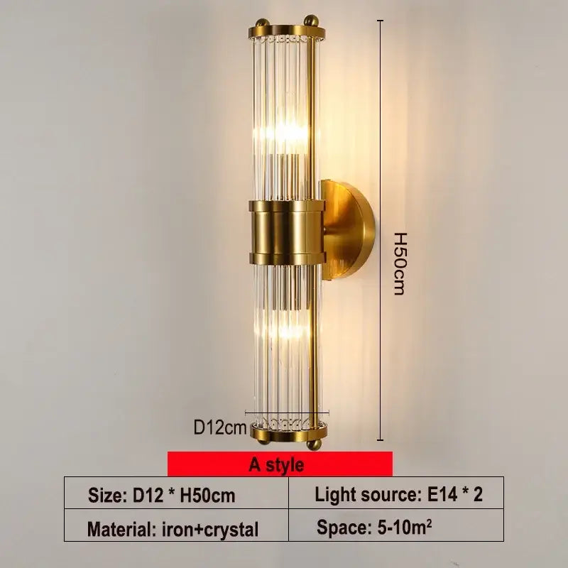 Modern gold crystal led wall lamp bedroom glass rod sconce