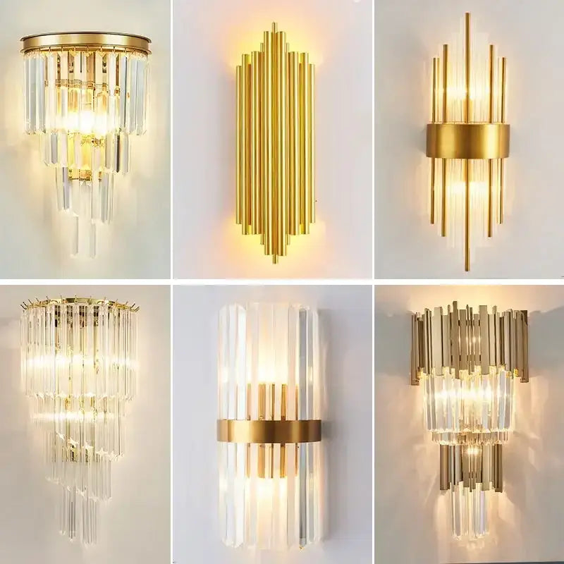 Modern gold crystal led wall lamps bedroom cascading sconce light