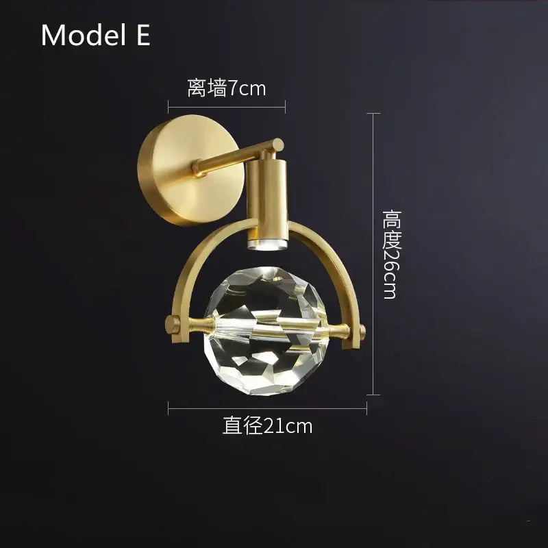 Modern gold crystal led wall sconce for bedroom luxury decor