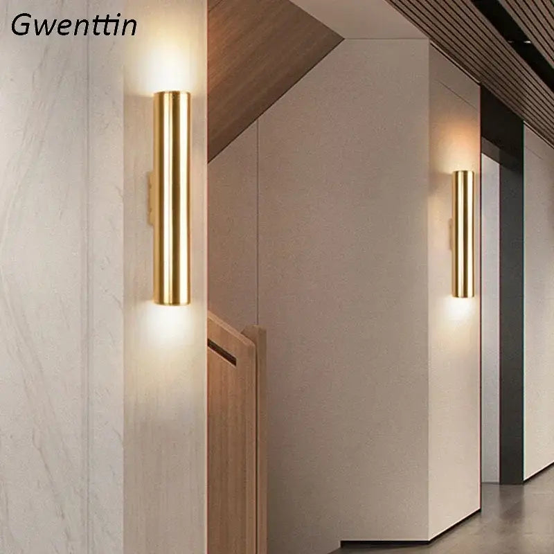 Modern gold cylindrical wall sconce light fixture living room