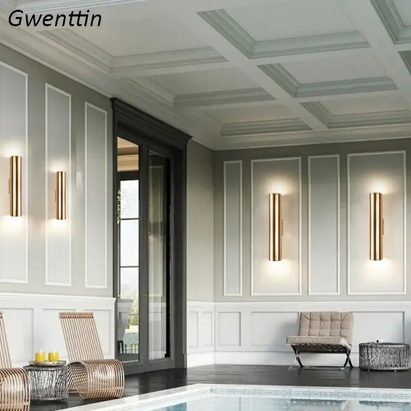 Modern gold cylindrical wall sconce light fixture living room