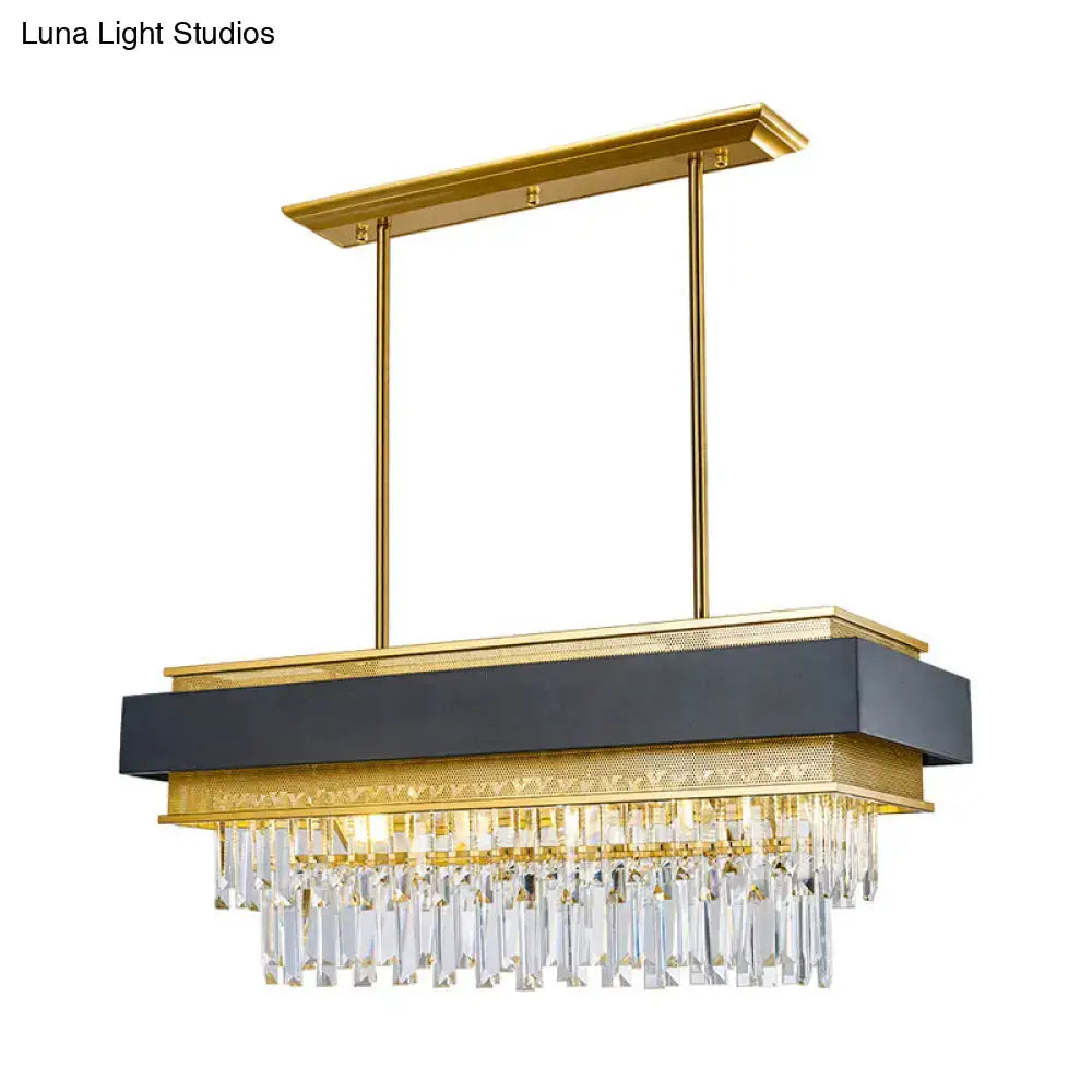 Modern gold & dark gray rectangle hanging light with crystal prisms