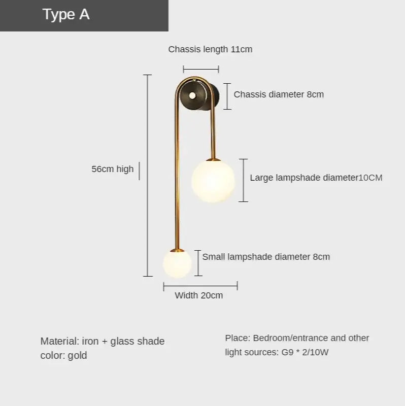 Modern gold decorbites glass ball led wall lamp bedroom sconce