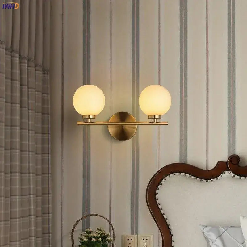 Modern gold dual glass ball led wall lights for bedroom