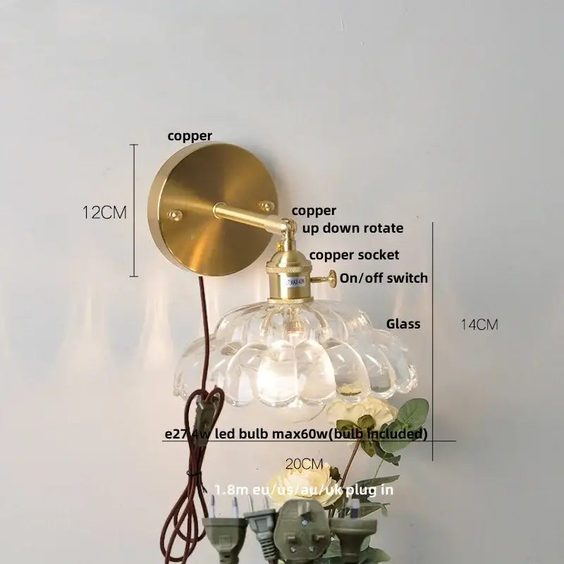 Modern gold faceted clear glass wall light bedroom sconce