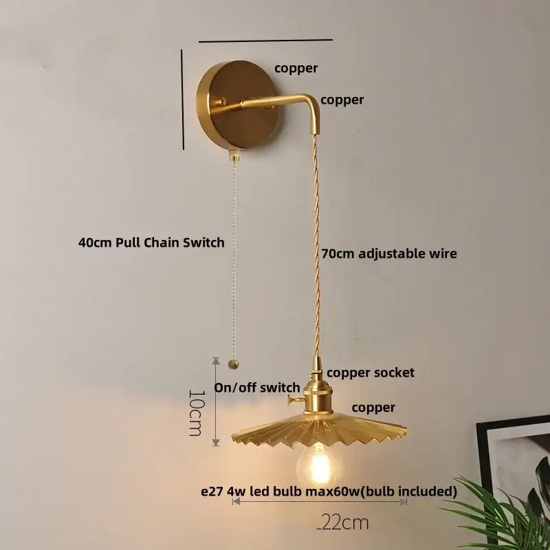 Modern gold fluted clear glass led wall light bedroom sconce