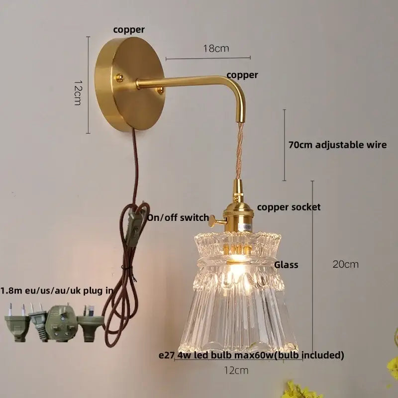 Modern gold fluted clear glass led wall light bedroom sconce