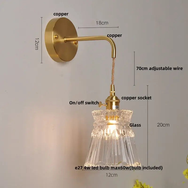 Modern gold fluted clear glass led wall light bedroom sconce