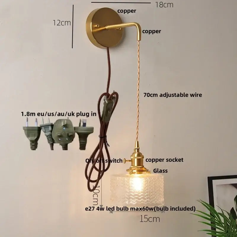 Modern gold fluted clear glass led wall light bedroom sconce